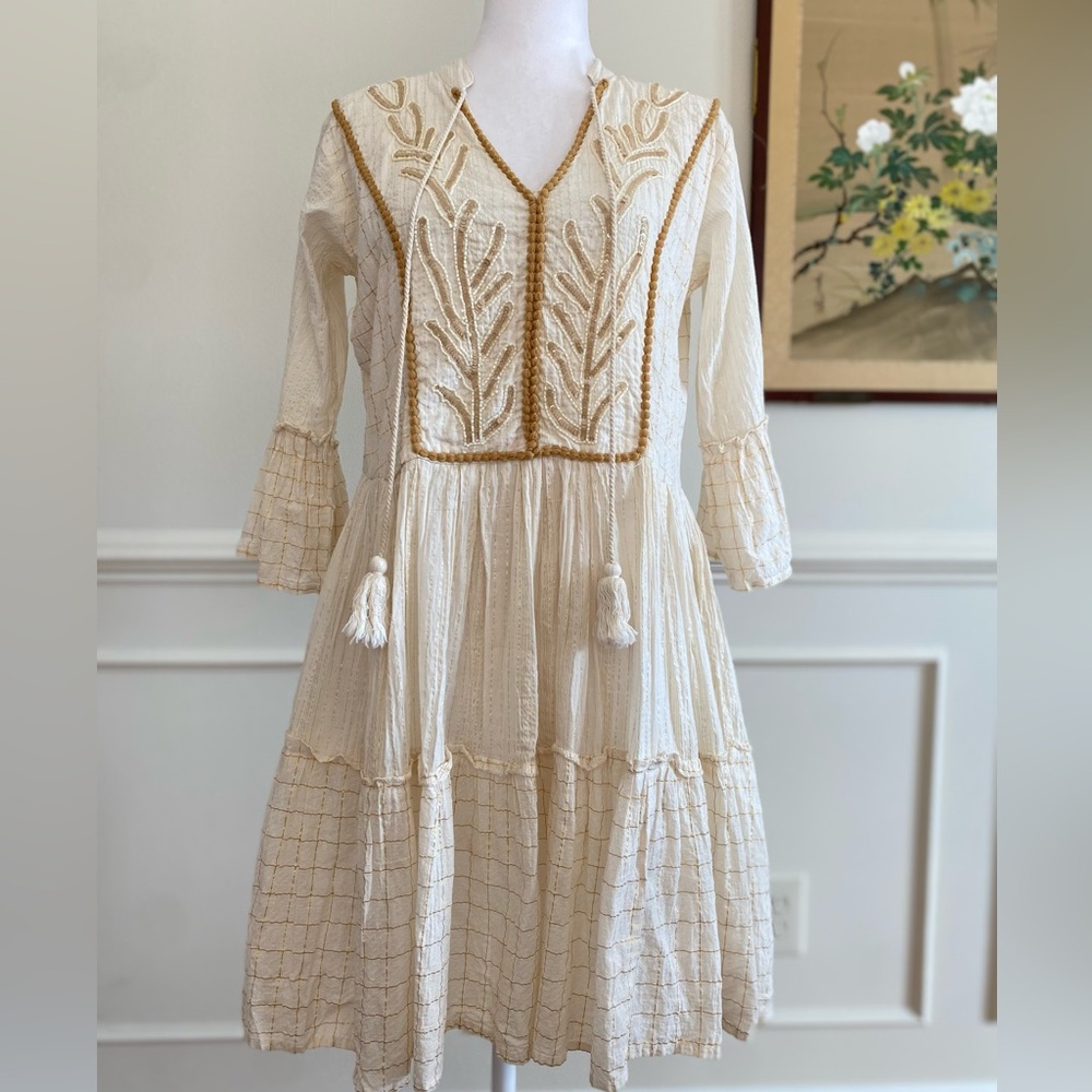 Women’s Cream Embroidered Mini Dress with Tassel Detail